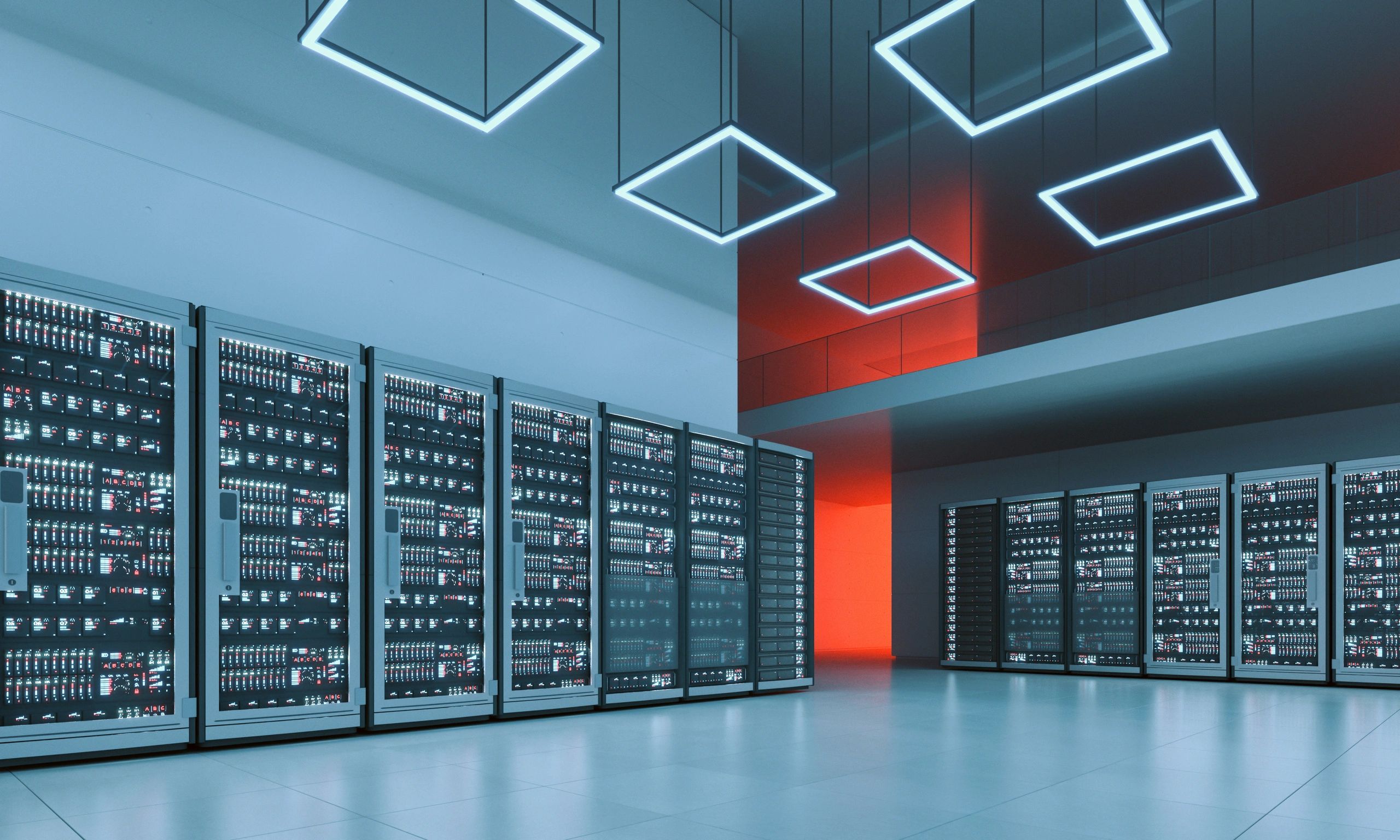 Modern secure data center with illuminated server racks
