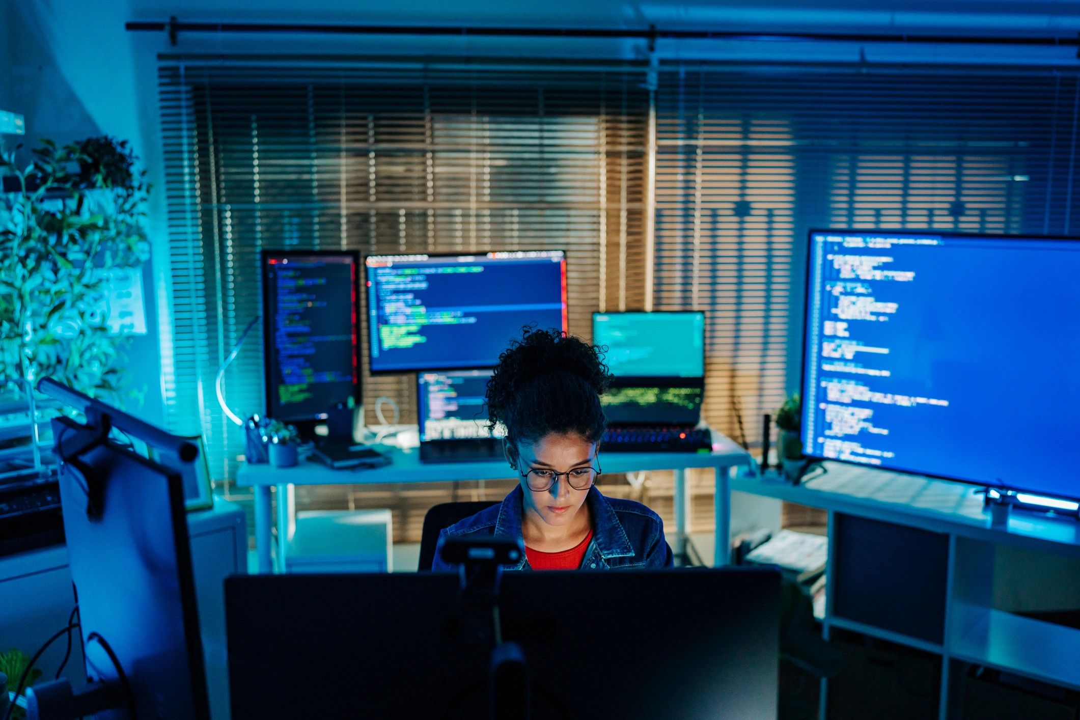 Security analyst working at a multi-monitor workstation