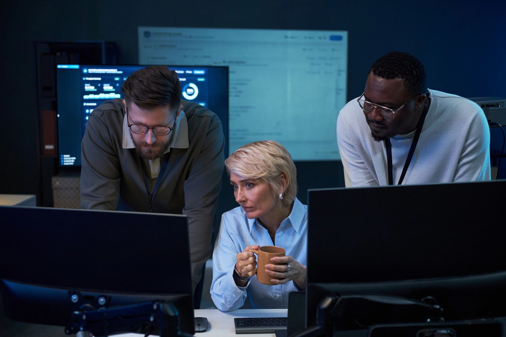Business cybersecurity team monitoring security operations